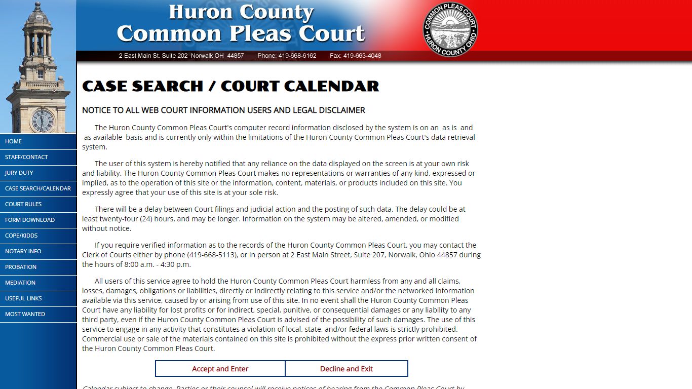 Case Search / Court Calendar - HURON COUNTY COMMON PLEAS